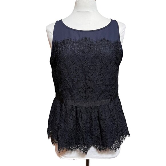Ann Taylor Loft Womens Black Navy Sleevless Top Lace Peplum 10 Zip Fairy Goth - Picture 1 of 9